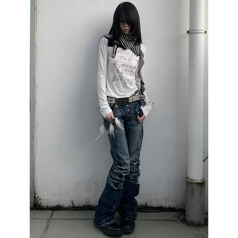 Washed Distressed Micro-flared for Women Stylish High Street Straight Jeans Harajuku Style Hip Hop Y2k Blue Trousers Z260313