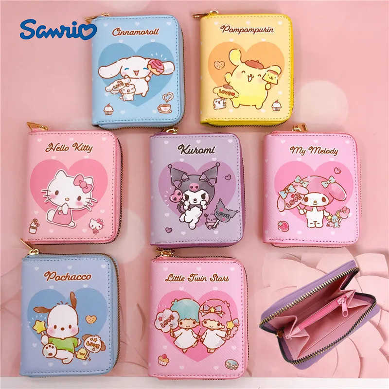 Sanrio Cartoon Hello Kitty Kuromi Compact Wallet - Stylish Zippered Coin Purse with Key Card Holder Durable Faux Leather H251211