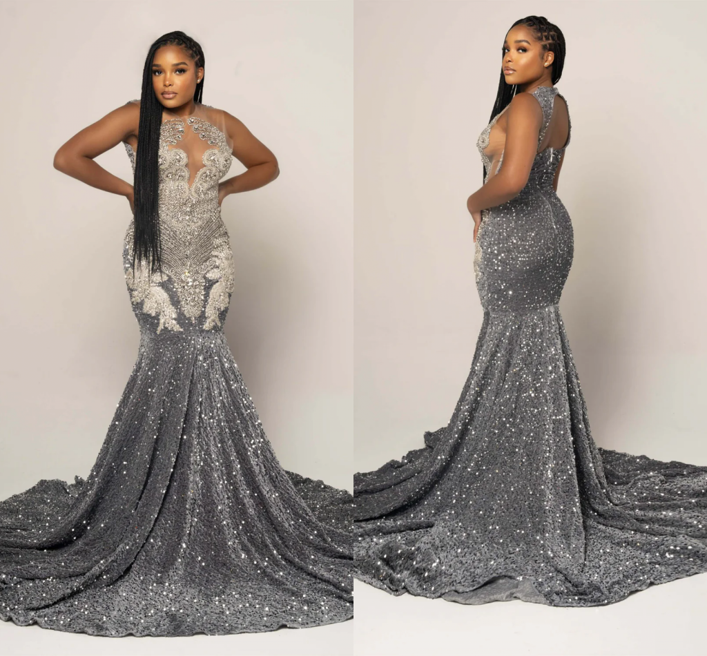 Stunning Silver Grey Mermaid Prom Dresses For Black Girls 2026 Scoop Sleeveless Beadings Appliques Sequined Long Evening Party Gowns Formal Vestidos de gala de bal