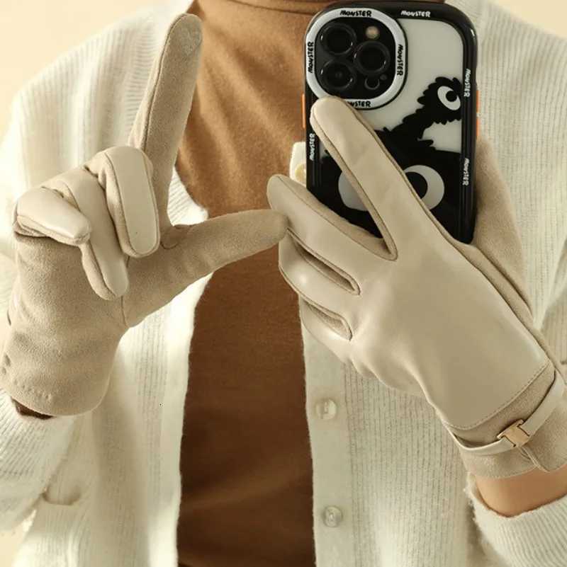 Women Winter Suede Leather Keep Warm Touch Screen Fashion Elegant Gloves Business Style Lightly Waterproof Metal Buckle Y251211