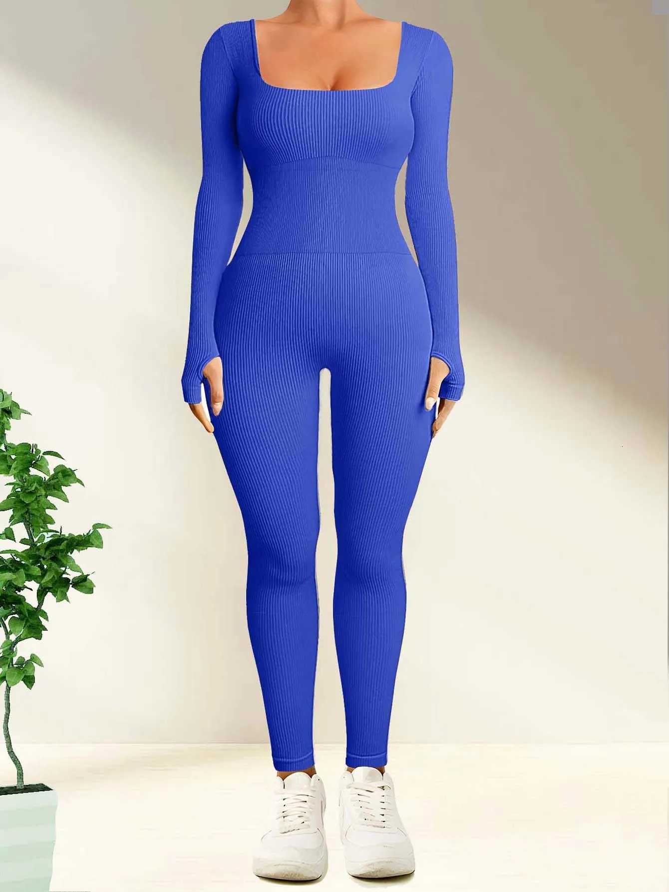 Solid Color Ribbed Yoga Jumpsuit Seamless Slim Fit Long Sleeve Sports Bodysuit Womens ActivewearT251211