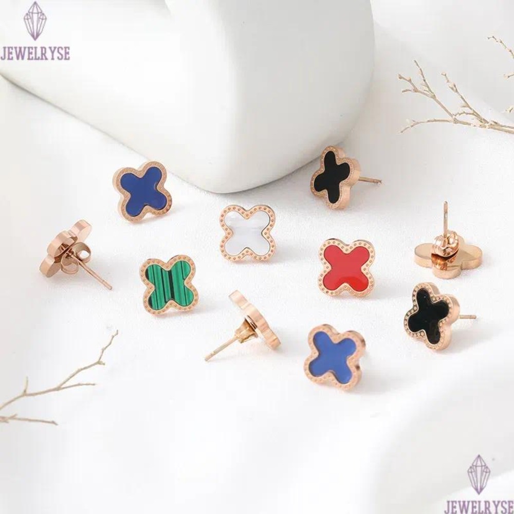 Titanium Steel Leaf Studs Earrings Women 18K Rose Gold Plated Fashion Luxury Shell Flower Jewelry Gifts Black Green White Red Leaves Charm Never Fade 