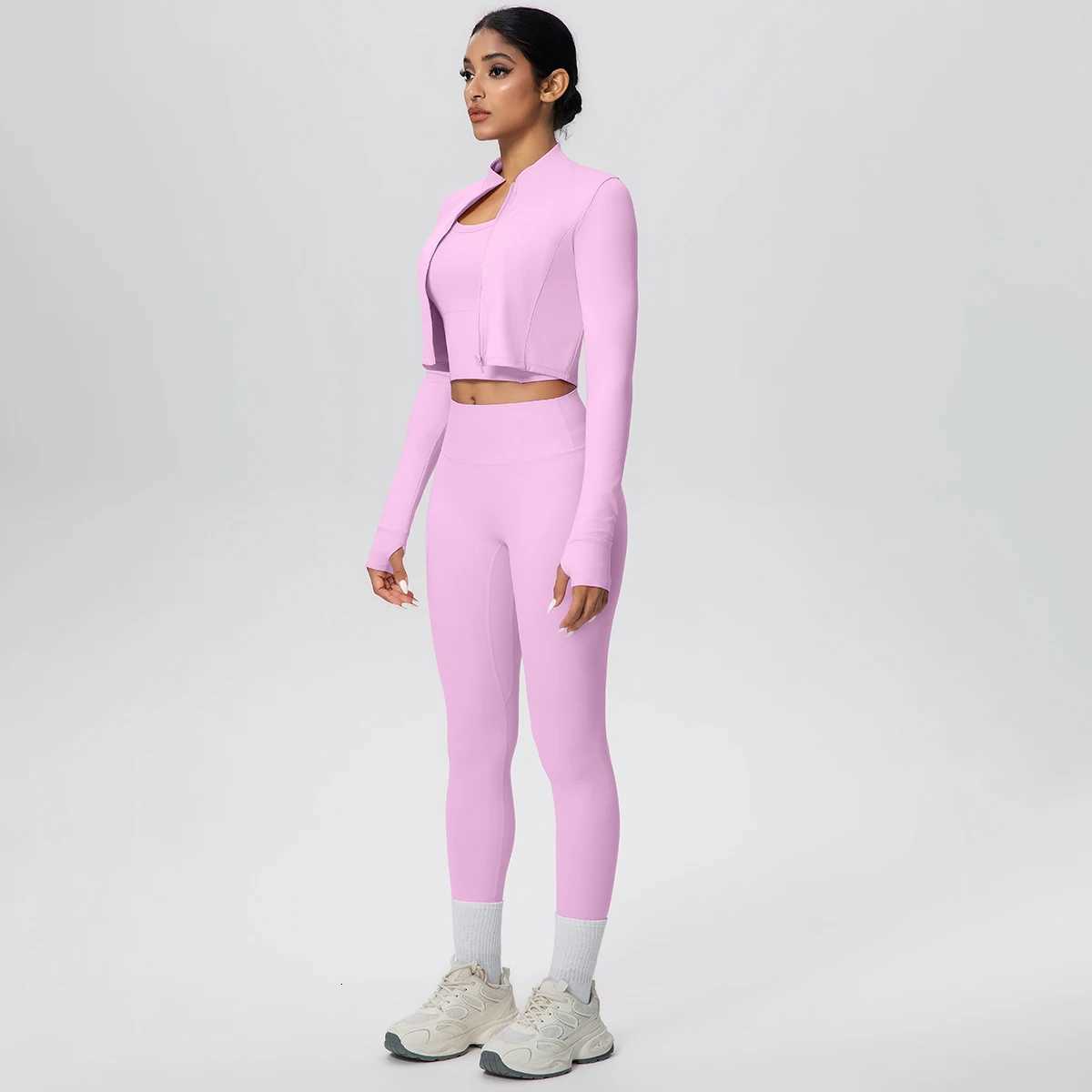 3Pieces Skin-friendly Solid Color Yoga Three Piece Set Zipper Long Sleeves Yoga Workout Top High Stretch Women Leggings Yoga SetT251211