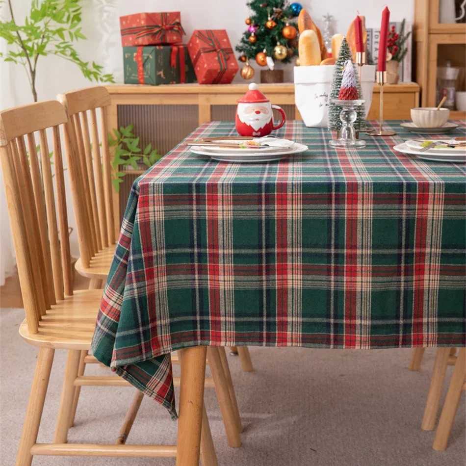Christmas Green Plaid Tablecloth Polyester Cotton Tablecloths Dustproof Table Top Coverfor Home Party Birthday Decor H251211