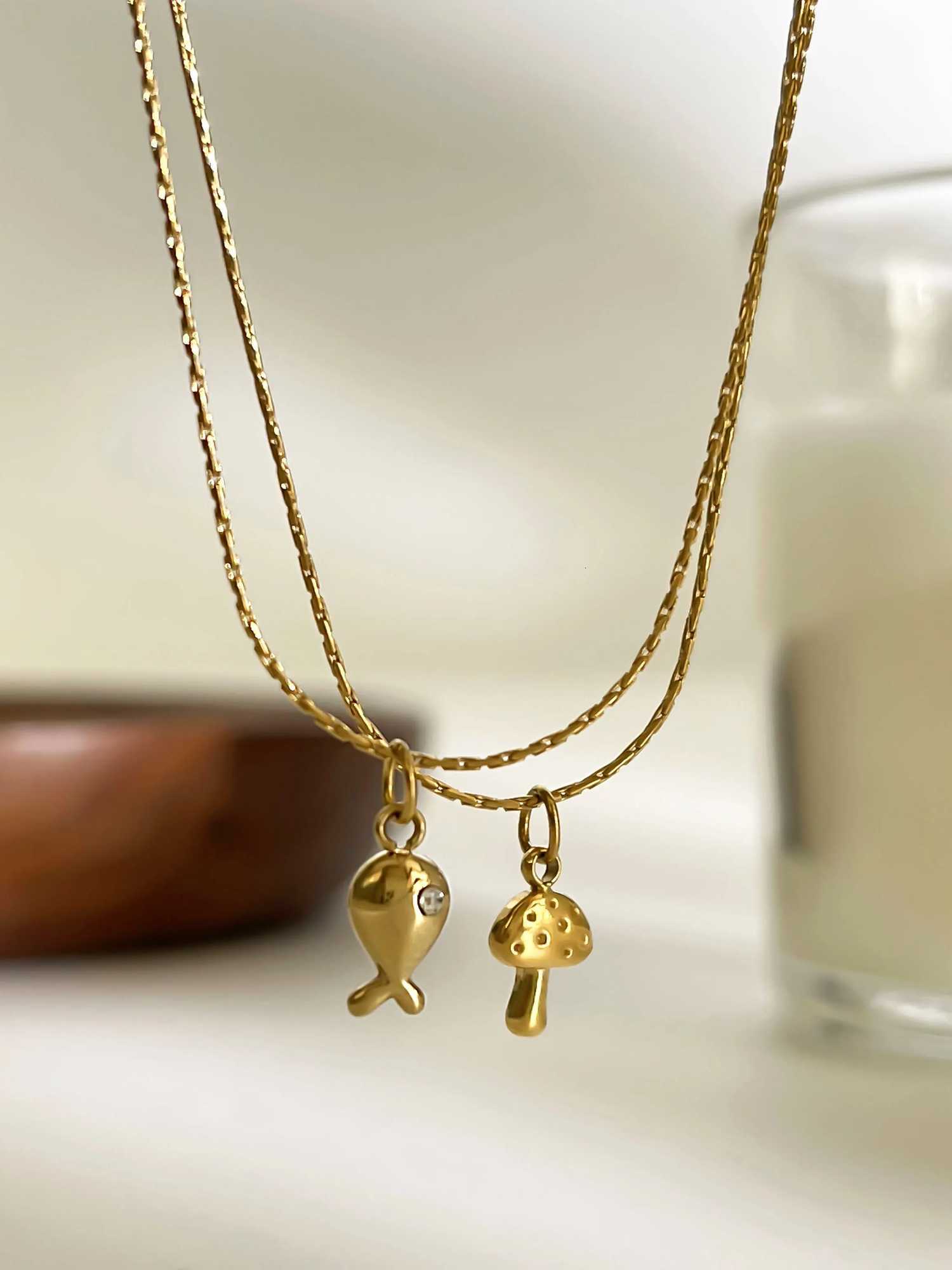 GHIDBK Minimalist 18K Gold Plated Mushroom Small Whale Pendant Necklaces Dainty Fashion Stainless Steel Daily Jewelry for Women M251211