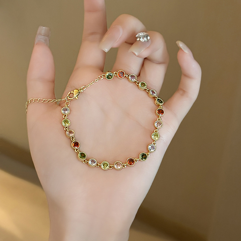 Real Plated Colorful Round Zircon Bracelet Princess Style Exquisite Sweet 14K Gold Bangle High-end Feel Jewelry for Women - view 5