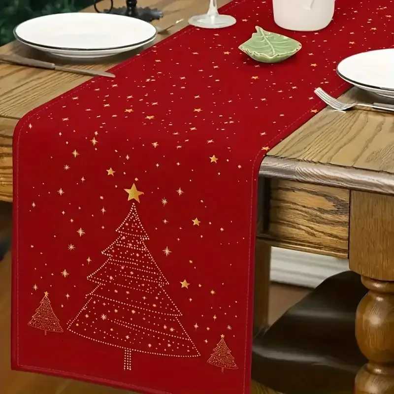 Red Golden Burgundy Christmas Table Runner White Tree Golden Stars Holiday Wedding New Year Decor H251211