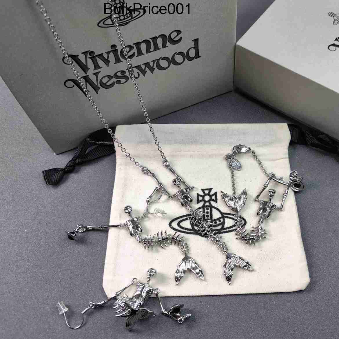 West Wood Western Empress Dowager Mermaid Skeleton Saturn Necklace Bracelet Earstuds Punk Skeleton Pendant viviane Vivienme viviennen viviennely west wood E2H9