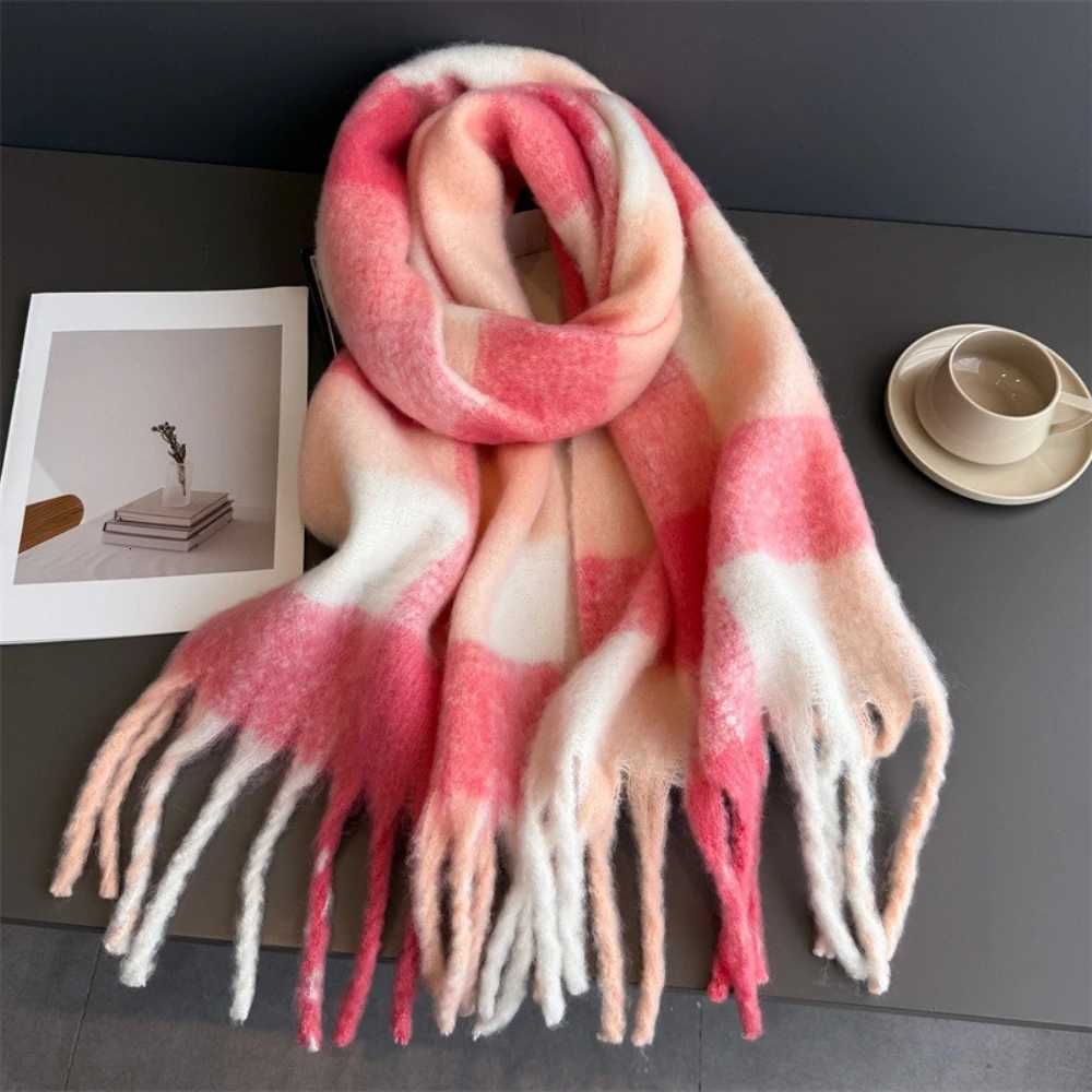 Neck Warmer Scarf For Women Winter Thickened Tassel Pashmina Shawl Faux Cashmere Warps Autumn Rainbow Plaid Elegant Blanket Y251211