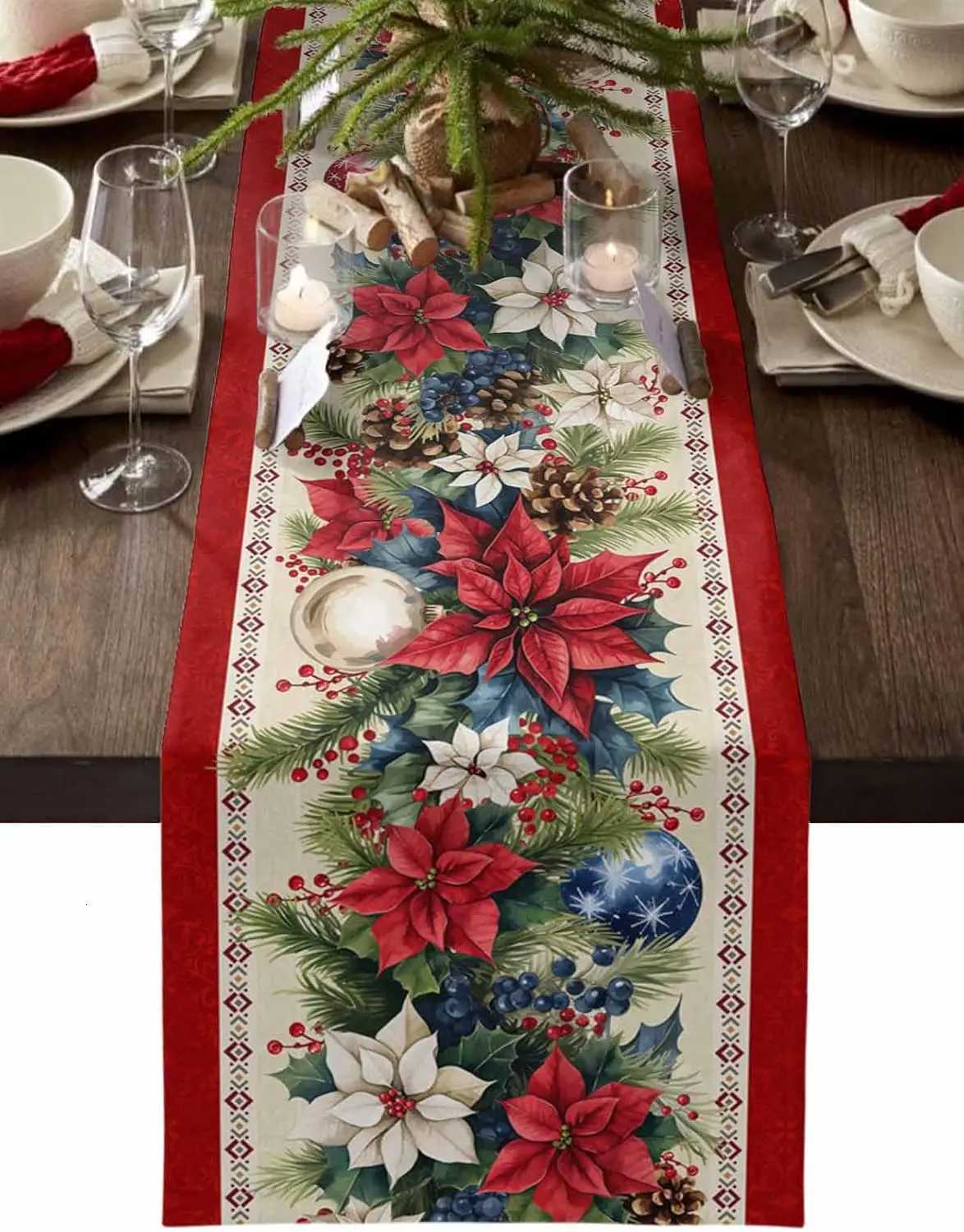 Christmas Poinsettia Flower Blue Balls Linen Table Runner Party Decor Winter Xmas Botanical Table Runners Christmas Decorations H251211