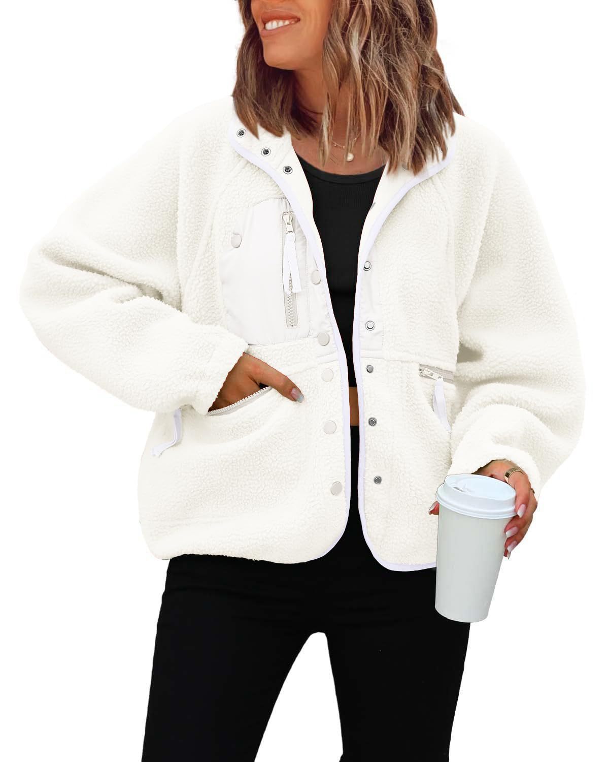 Women's Fuzzy Fleece Zipper Jacket Casual Fashion Long Sleeve Thick Slim Pocket Coats Outwear Versatile Solid Color Fit Lightweight Jacket Autumn