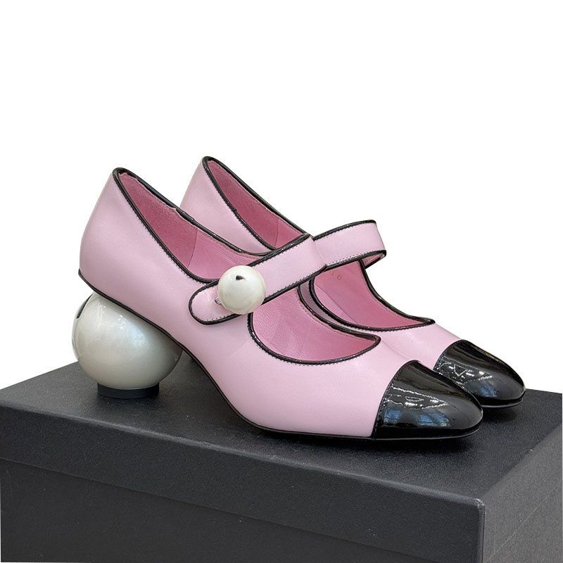 Women Chunky Heels Faux Pearls Mary Jane Shoes Designer Pumps Elastic Buckle Dress Shoes Luxurys Cowhide Outdoor Leisure Shoes With Dust Bags For Party Wedding Shoes