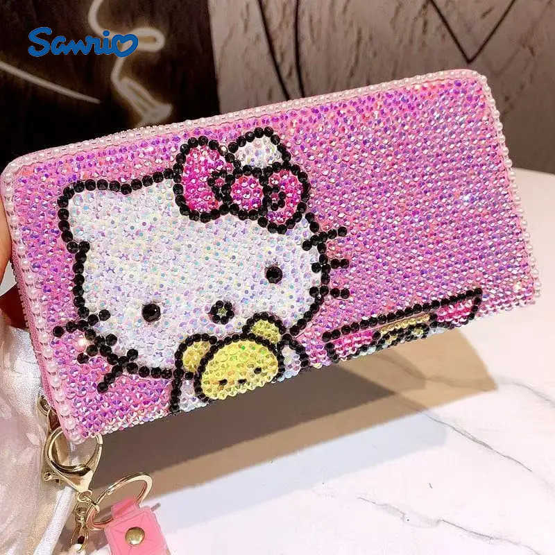 Sanrio Hello Kitty Wallet Rhinestone Kawaii Card Bag Anime Cartoon Heart Long Zipper Coin Wallet Student Mobile Bags Women Gifts H2512111