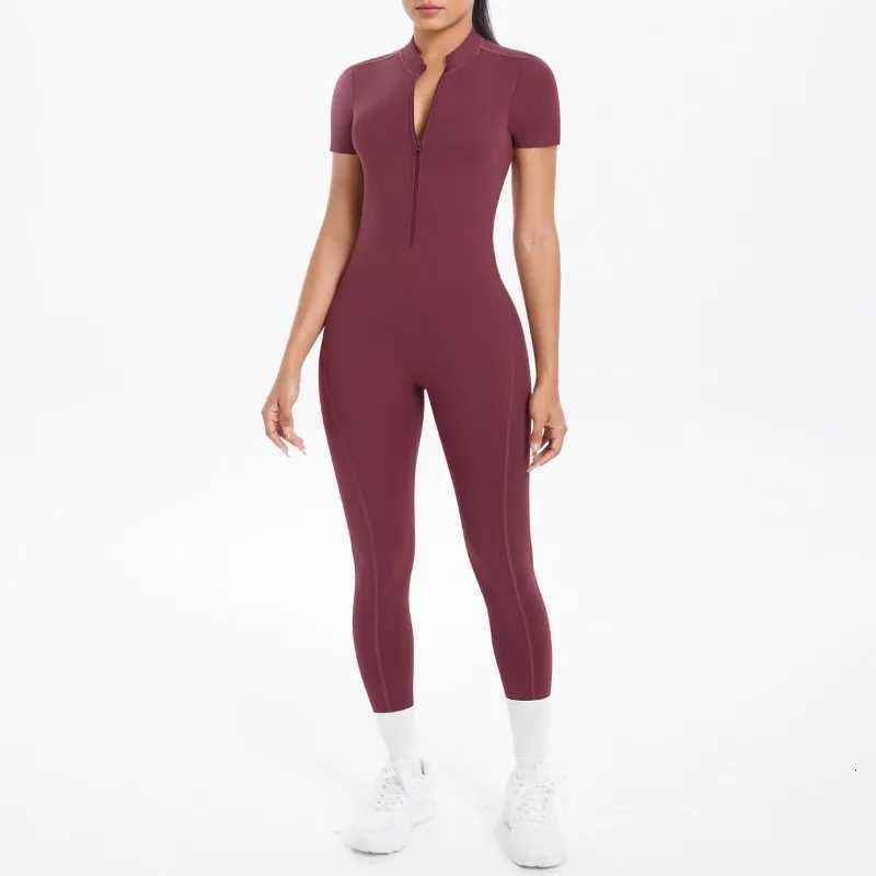 New Womens Yoga Jumpsuit Front Zipper Tight Back Hollow Out Short Sleeve-pants Fitness Running Gym Workout SuitT251211