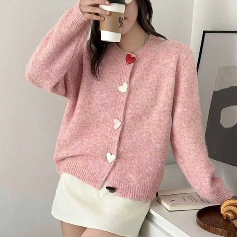2025 Korean Style Lazy Heart Button Sweater Cardigan Loose Fit Autumn Winter New Knitted Long Sleeve Top Outerwear L251211I62A