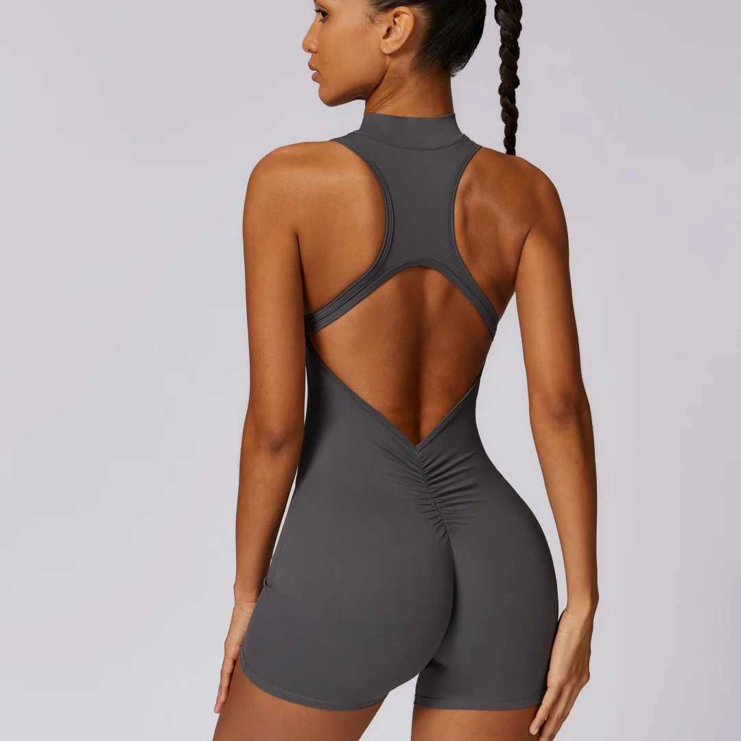 Solid Soft Backless Back Waist Scrunch Yoga Jumpsuit Short Set Women Zipper Sportswear Fitness One Piece Sports Suit WorkoutT251211