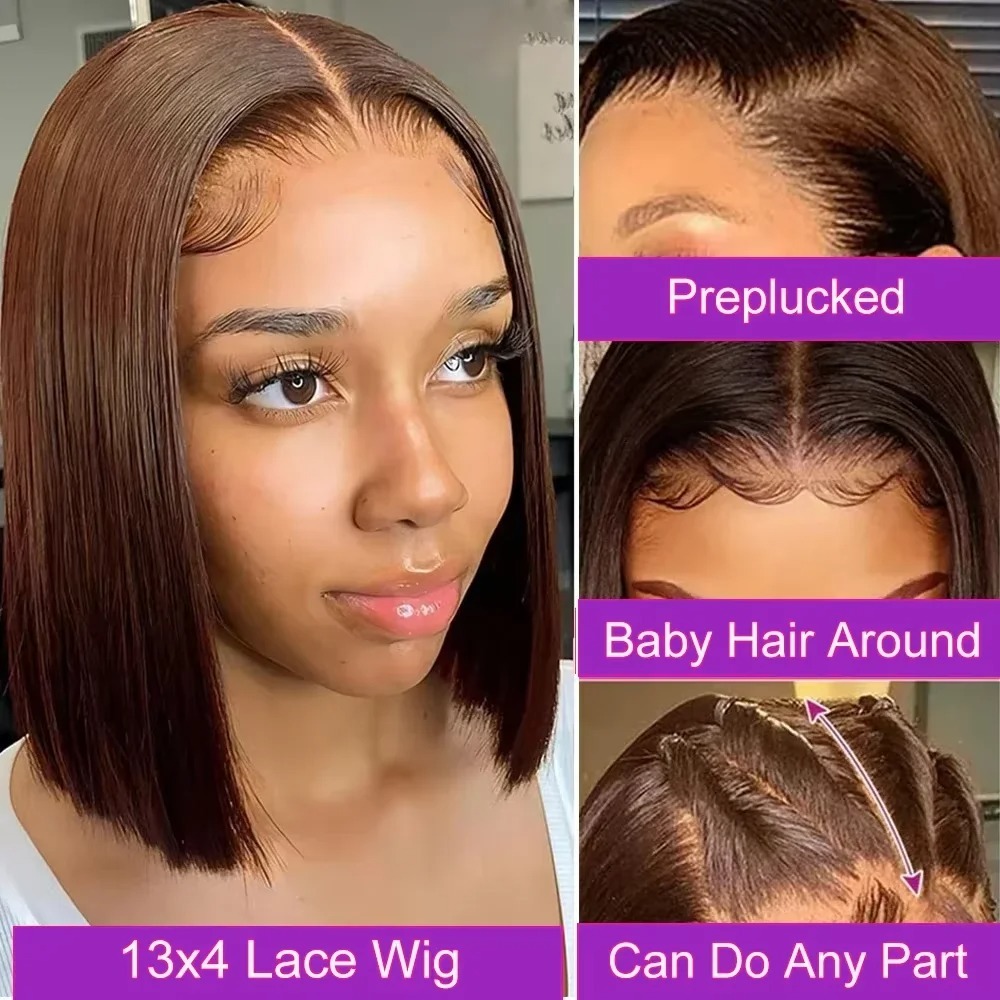 Brown Straight Short Bob Human Hair Wig 13x4 HD Transparent Lace Frontal Wigs 360 Full Lace Glueless Brazilian Hair Wig For Black Women 14 16 Inch