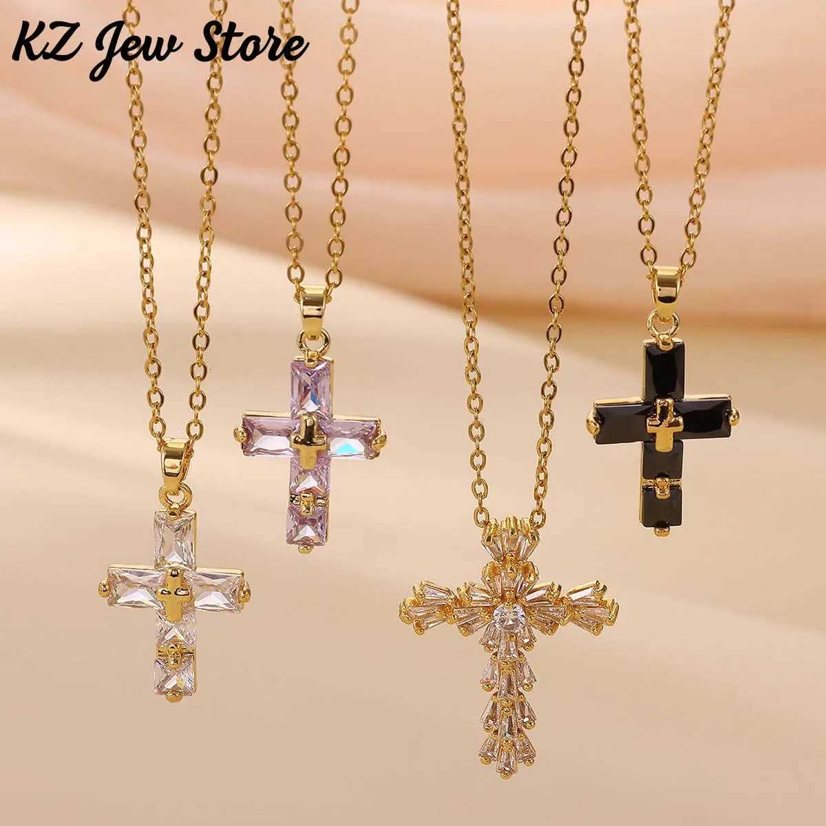 Lucky Cross CZ Cubic Zircon Necklace For Women Gold Color Stainless Steel Waterproof And Tarnish Resistant Jewelry Ramadan Gift M251211