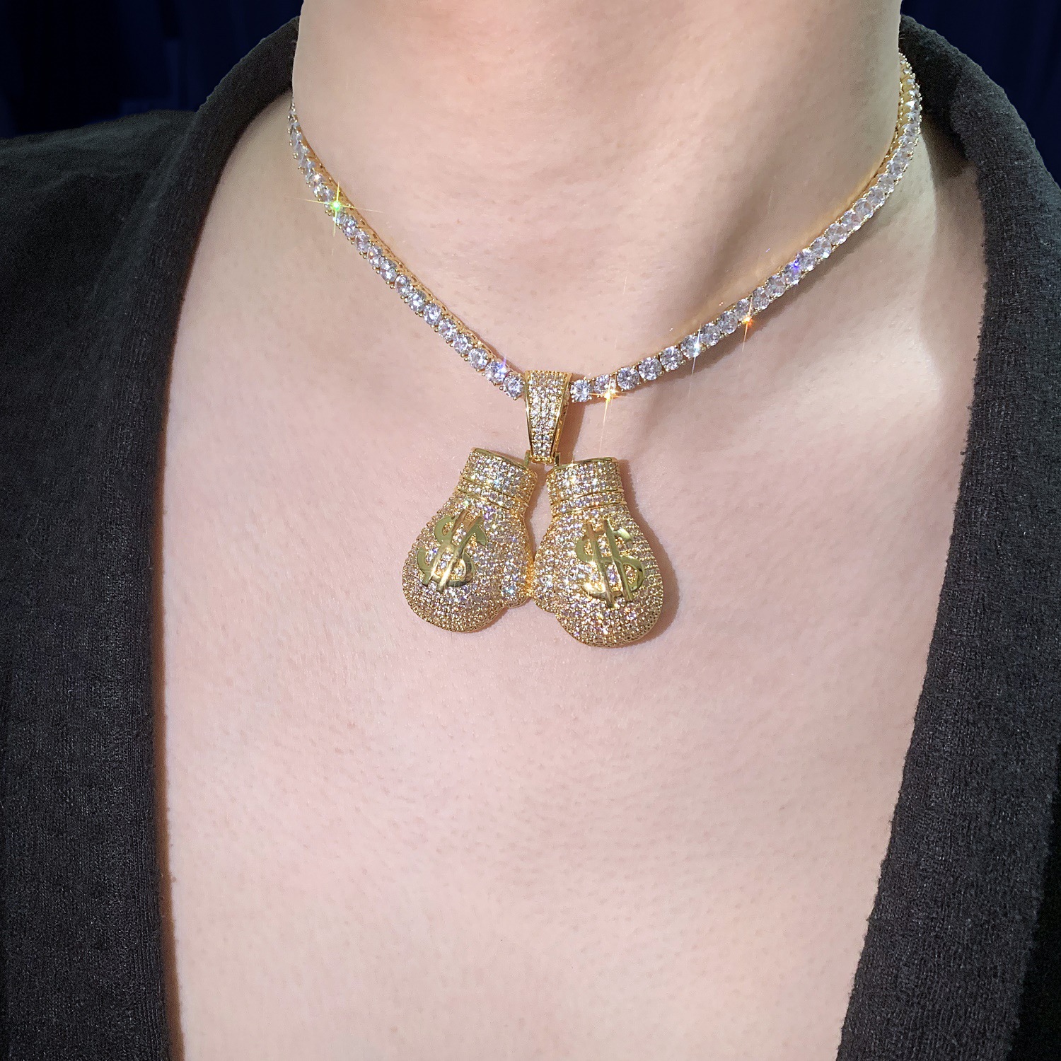 Hip Hop Pair Boxing Gloves Dollor Pattern Pendant Necklace Sports Fitness Jewelry 18K Real Gold Plated Jewelry