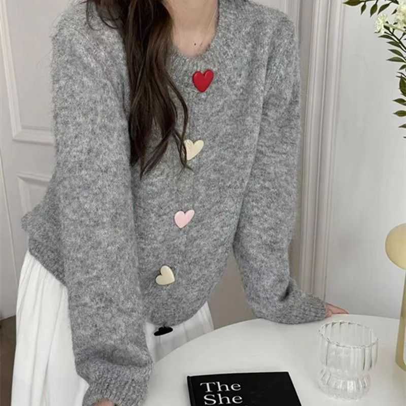 2025 Korean Style Lazy Heart Button Sweater Cardigan Loose Fit Autumn Winter New Knitted Long Sleeve Top Outerwear L251211I62A