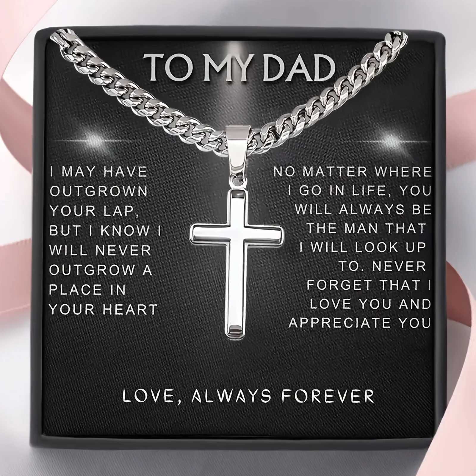 To My Dad Cross Necklace with Stainless Steel Cuban Chain - Thoughtful Fathers Day Gift Comes with Card and Gift Box M251211