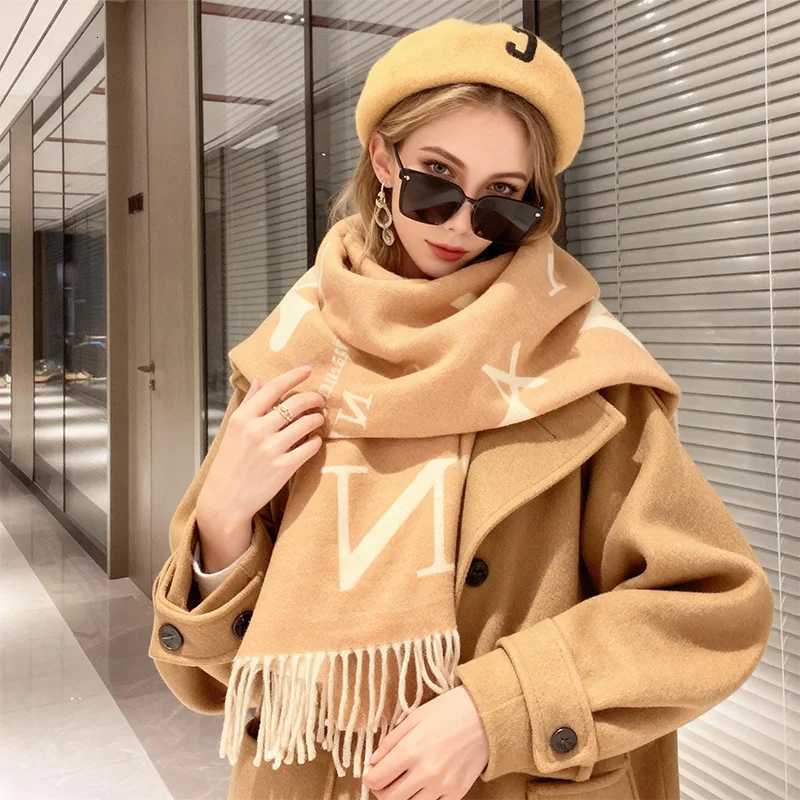 Winter Cashmere Scarf for Women Letter Print Warm Shawl Khaki Windproof Cape Pashmina Handerchief Windproof Design Female Scarf Y251211