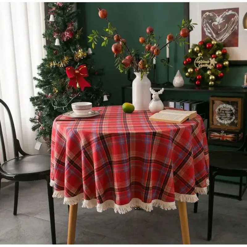 Cotton Christmas plaid tablecloth soft plaid tassel tablecloth washable round tablecloth Christmas decoration H251211