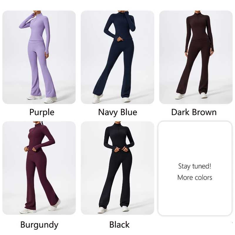 Ctenkevet New Women High Waist Yoga Set Two-Piece Gym Half Zipper Top Sports Suit Female Workout Flared Pants Sport OutfitT251211