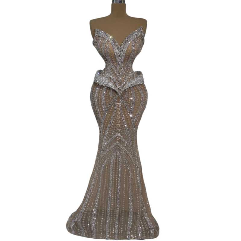 Luxury Crystal Sequined Prom Dresses Elegant Sleeveless V Neck Evening Dress Floor Length Lace Party Gown Customized