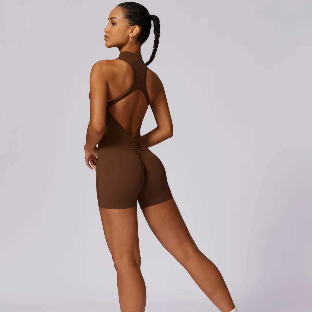 Solid color Backless Back Waist Scrunch Yoga Jumpsuit Short Set Women Zipper Sportswear Fitness One Piece Sports Suit WorkoutT251211