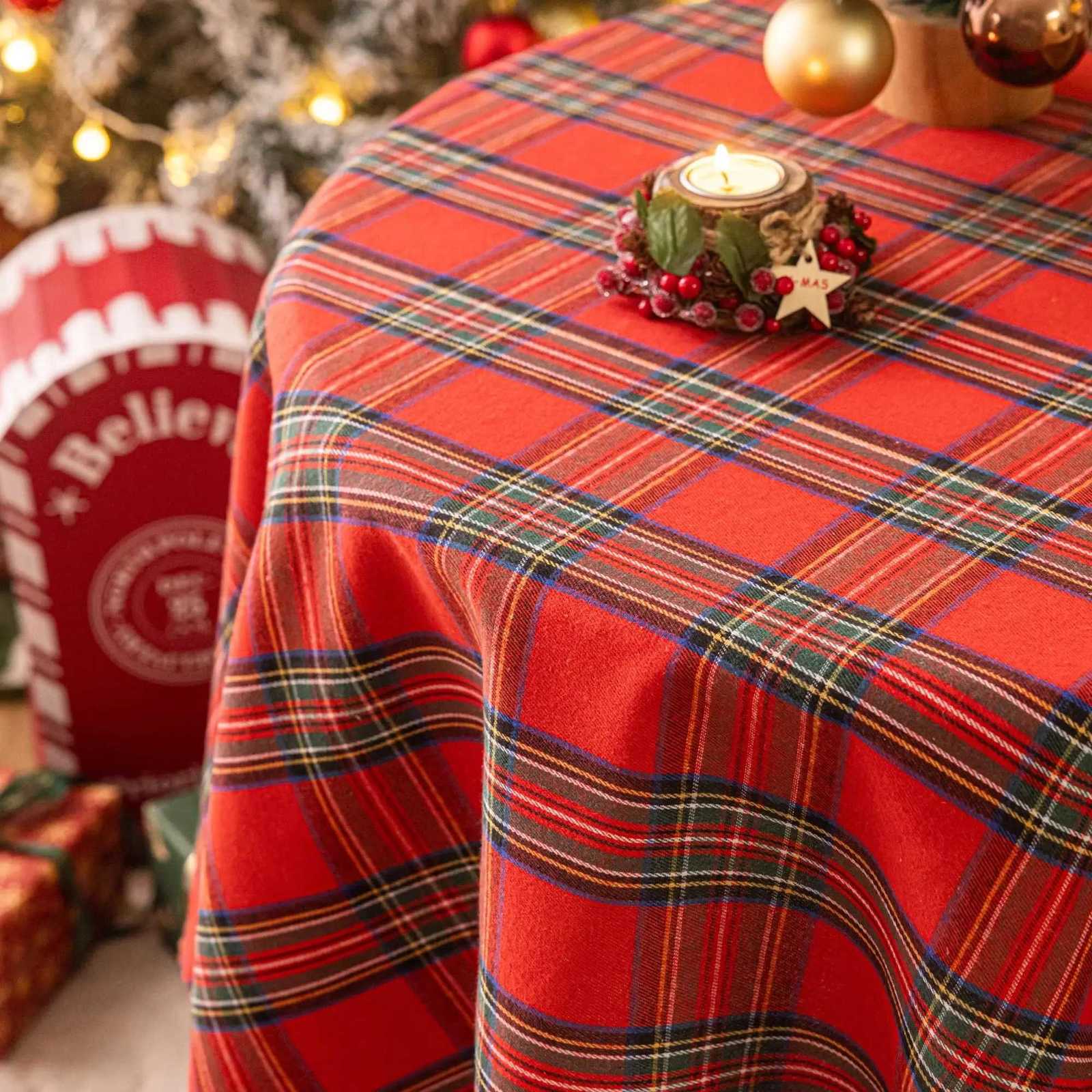 Round Christmas Tablecloth- Red Plaid Christmas Table Cloth Xmas Tablecloths for Dining Table Party Kitchen Decor H251211
