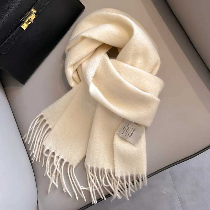 Winter White Pure Wool Scarf Women Warm Neck Wrap Student Fashion Fringe Narrow Couple Y251211
