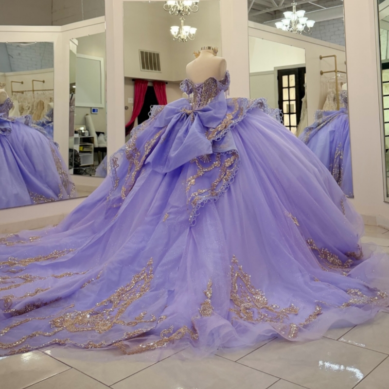 Lavender Shiny Quinceanera Dresses Off The Shoulder Gold Applique Beading Crystal Bow Tull Party Birthday Sweet 16 Dress Vestidos 15 De Anos