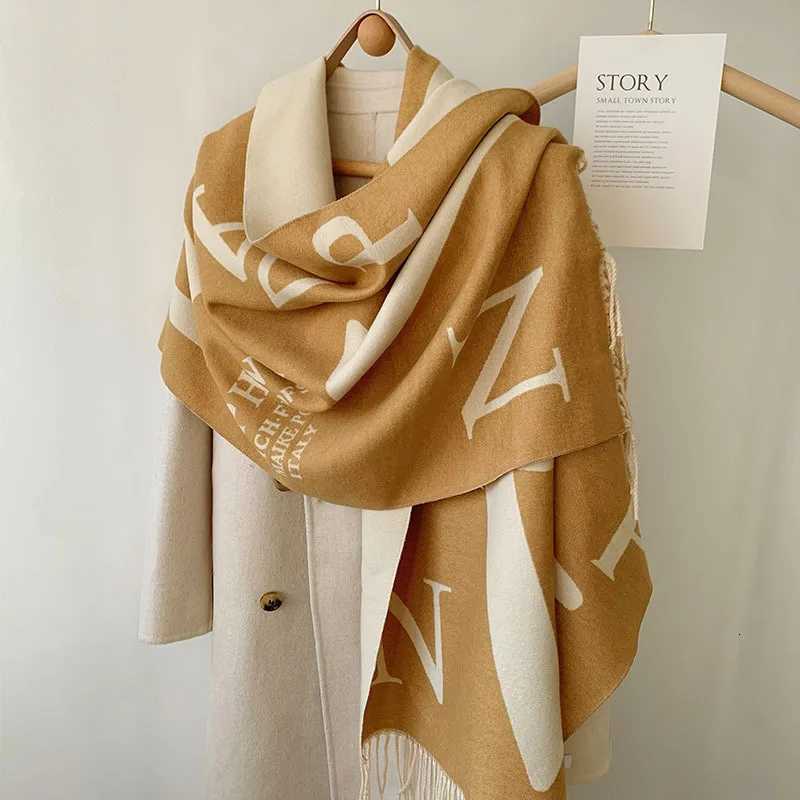 Winter Cashmere Scarf for Women Letter Print Warm Shawl Khaki Windproof Cape Pashmina Handerchief Windproof Design Female Scarf Y251211