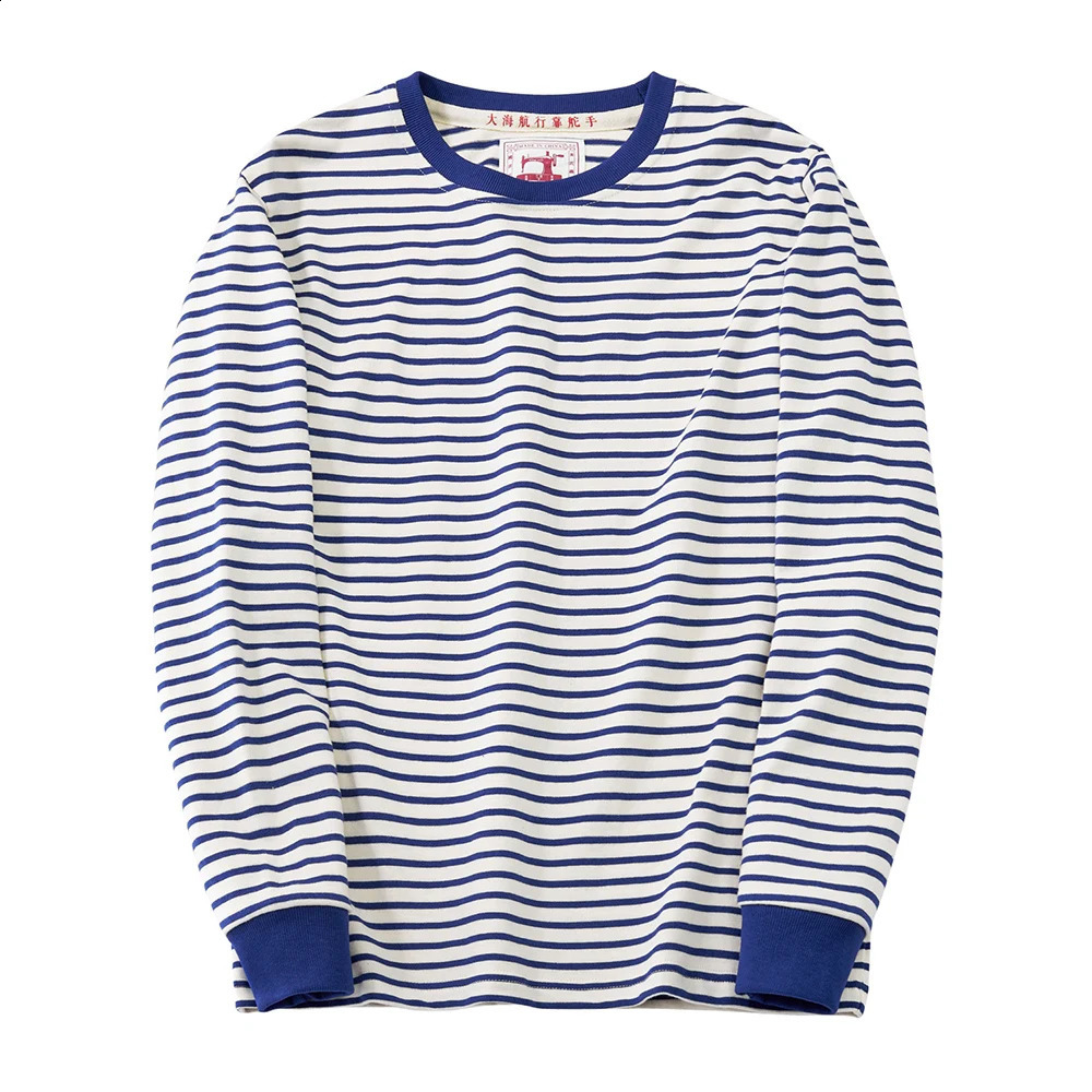 Winter Blue White Striped Long Sleeve T Shirt Men Japanese Retro Heavy Weight Cotton Casual Tops Lovers Shirt Streetwear 251211
