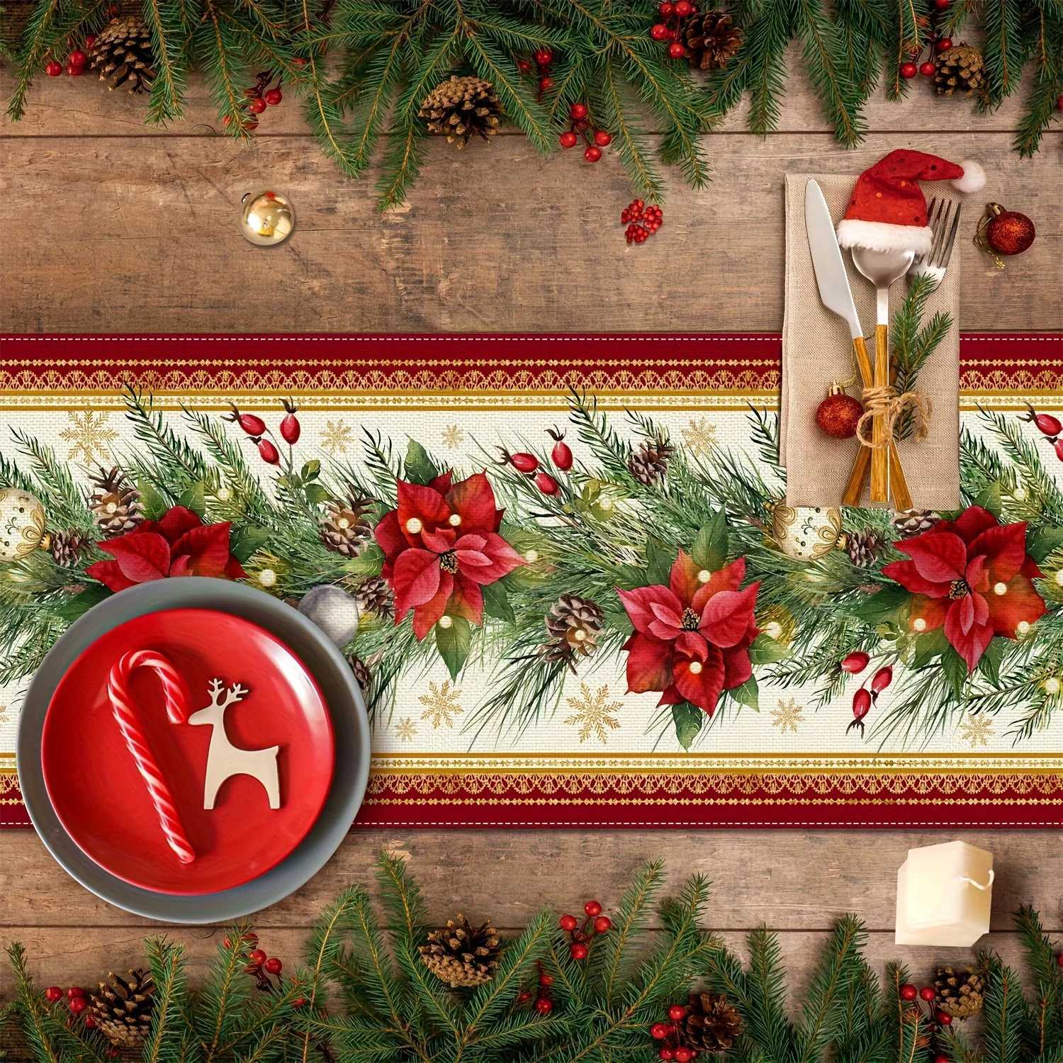 Christmas Poinsettia Pine Needle Linen Table Runner Party Decor Winter Holiday Kitchen Dining Table Runner Christmas Decorations H251211