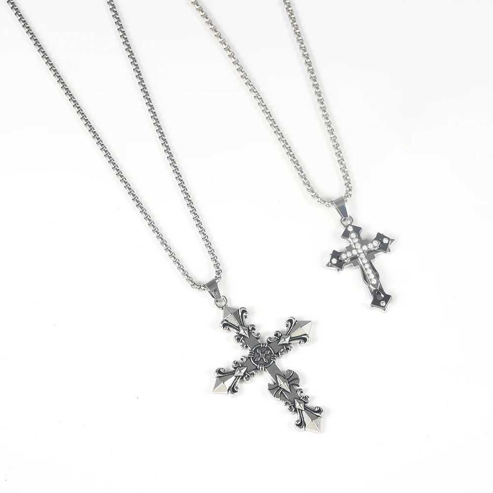 1pc Vintage Cross Pendant Necklace Men Stylish Gothic Style Inlay Diamonds Bilayer Cross With Stainless Steel Chain Jewelry Gift M251211