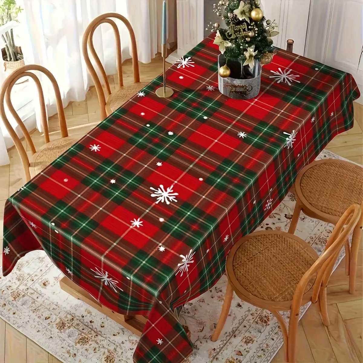 Merry Christmas Snowflakes Plaid Tablecloth for Table Decor Winter Xmas Kitchen Dining Table Cloth Christmas Decoration H251211