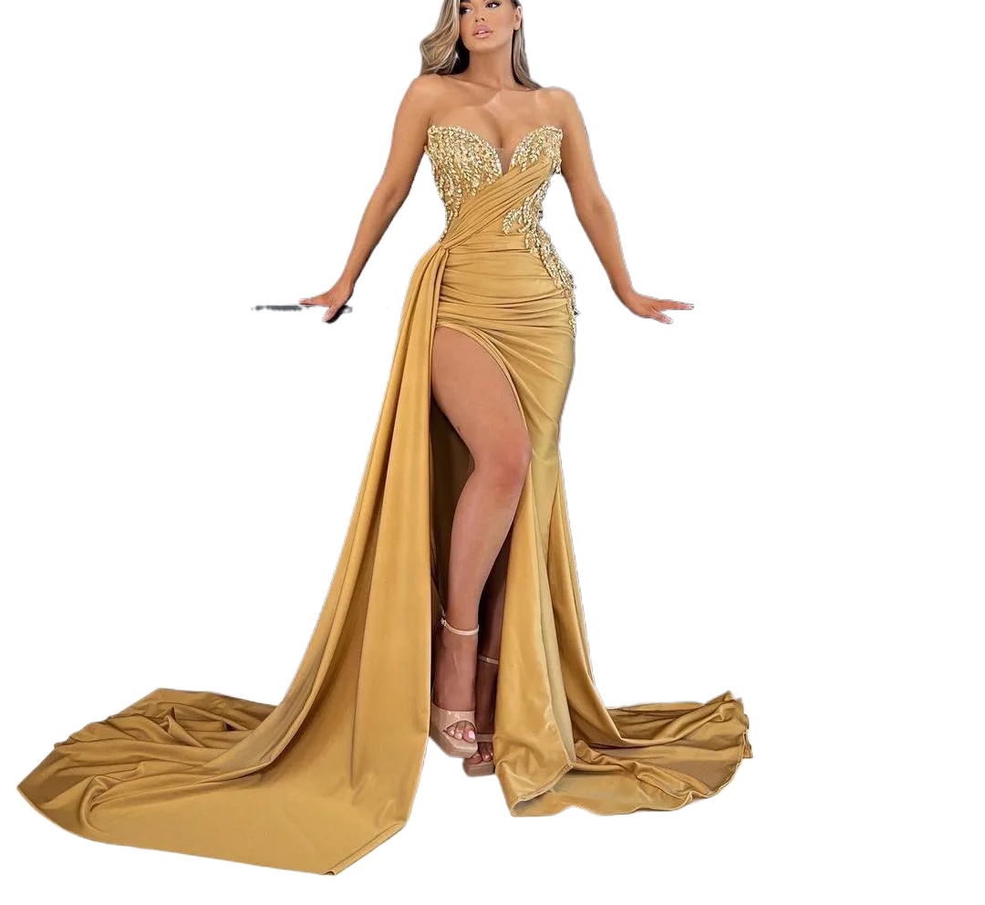 Sexy Gold Mermaid Prom Dresses Long Sleeves V Neck Halter Detachable Shawl Appliques Lace Side Slit Satin Evening Dress Plus Size Robe De Soiree Marie