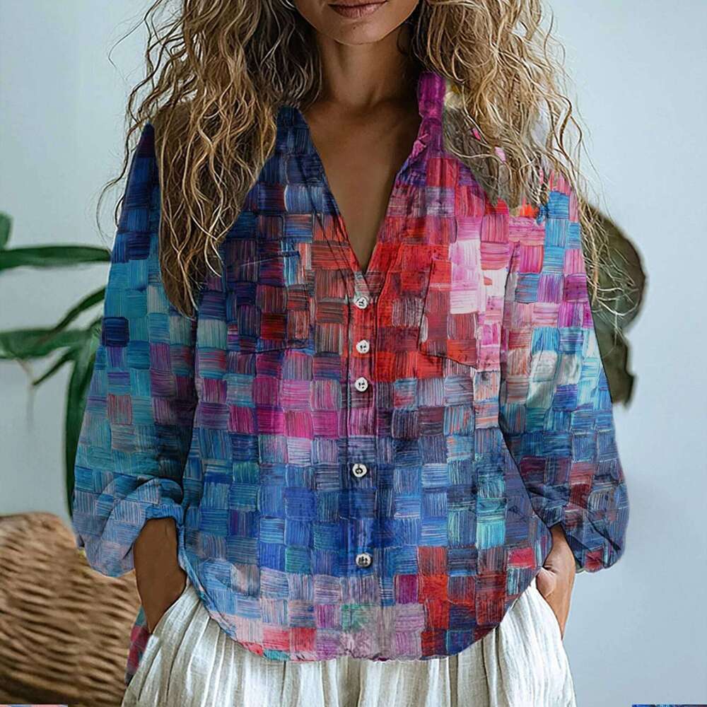 Women's Shirt V-Neck Printed Slimming Linen Fabric D-Shape Long Sleeve Casual Style Spring Comfortable Top Shirt