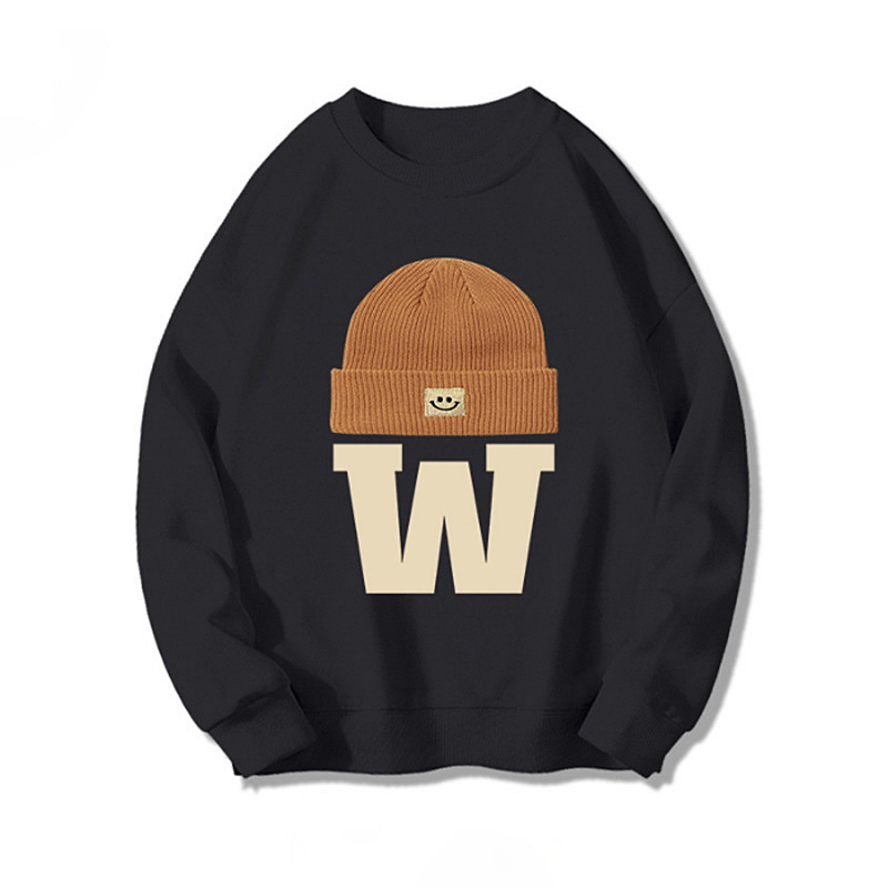Women's American Retro Brown Crew Neck Fleece-Lined Sweatshirt: Letter Print Loose Versatile Oversized Lazy-Style Jacket/Top