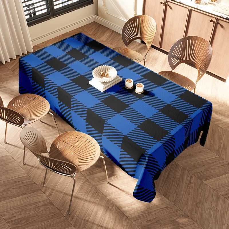 Modern Blue Black Plaid Tablecloth with Striped Design for Dining Room or Kitchen Decoration - Premium Quty Polyester Fabric H251211