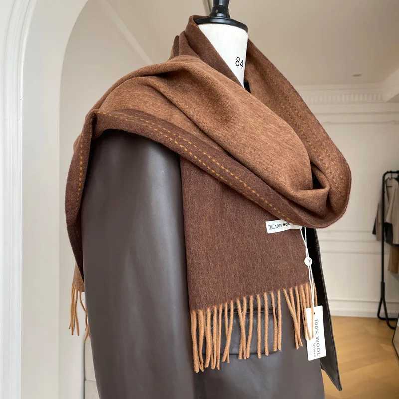 High Quality Australia100 Pure Wool Scarf Women Fall Winter Design Double-Sided Stitching Knitted Cashmere Shawl Female Muffler Y251211