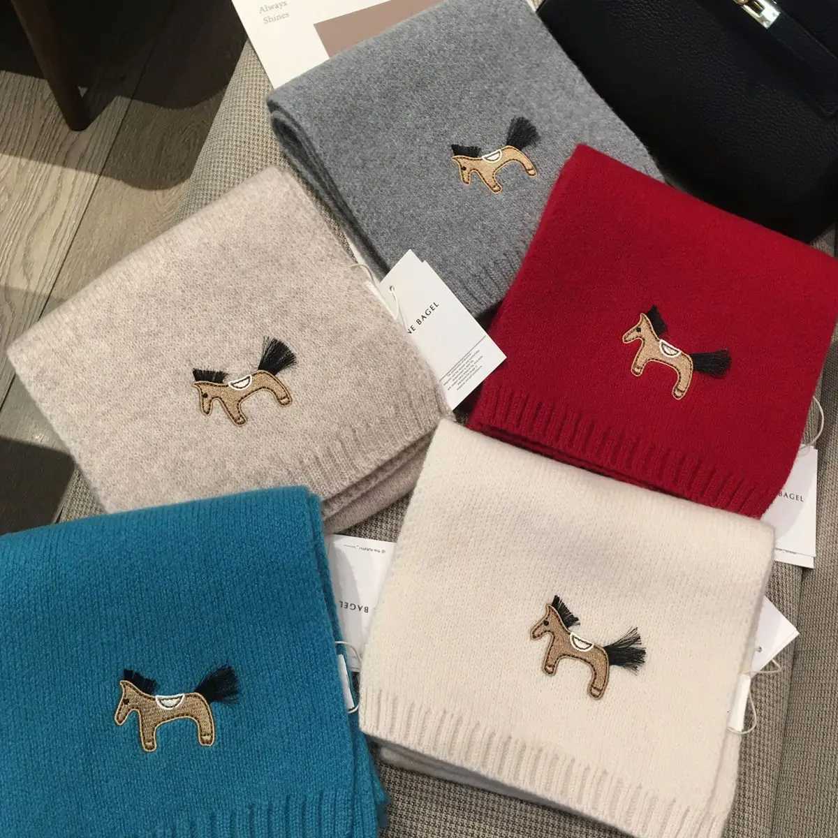 Horse Embroidery 100 Wool Red Scarf Warm Unisex Winter Shawl New Year Y251211