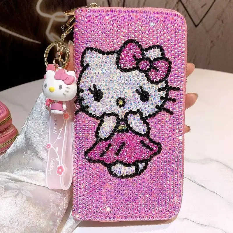 Sanrio Hello Kitty Wallet Rhinestone Kawaii Card Bag Anime Cartoon Heart Long Zipper Coin Wallet Student Mobile Bags Women Gifts H2512111