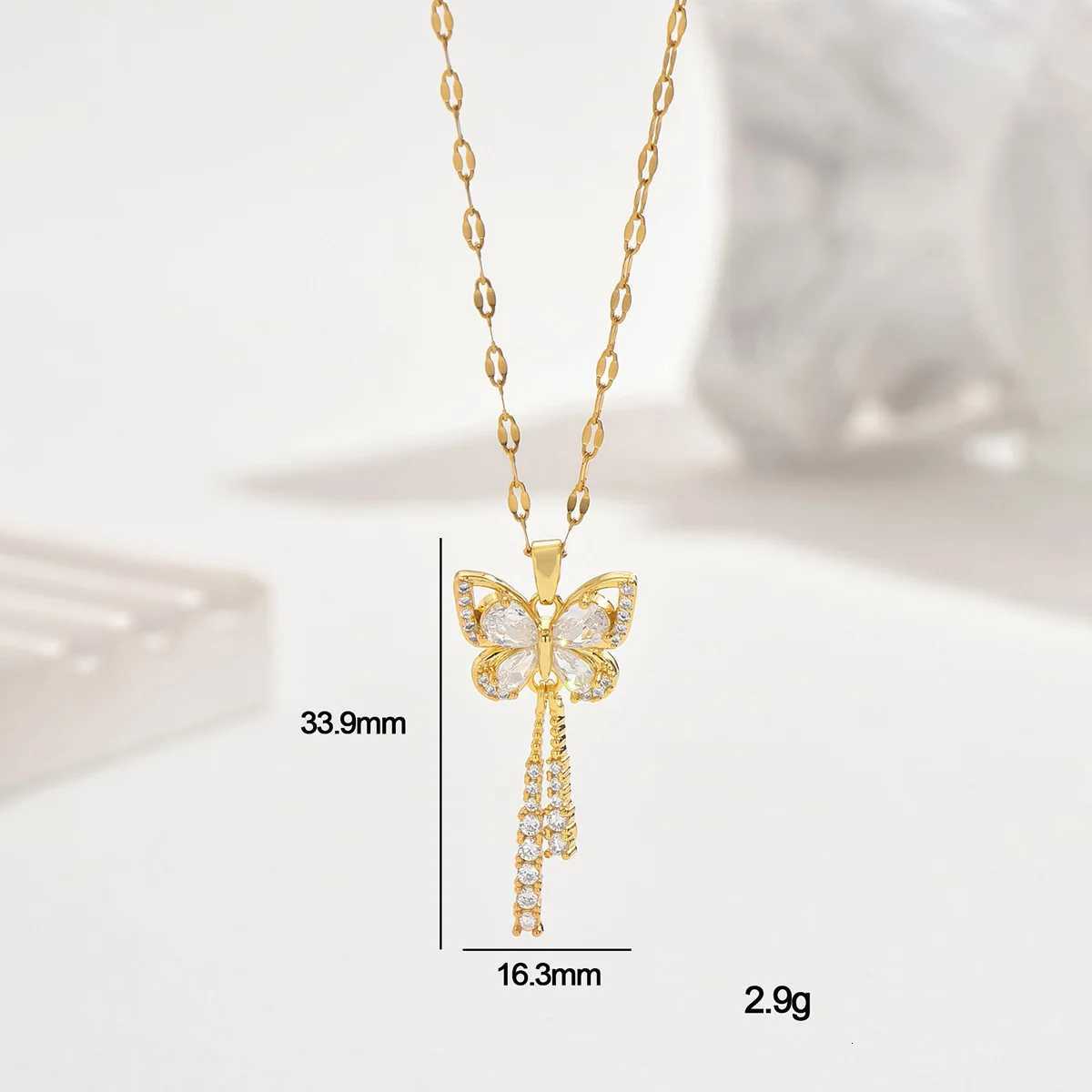 Exquisite Micro Inlaid Zircon Butterfly Tassel Necklace with Titanium Steel Perfect Gift for Fashion-forward Women M251211