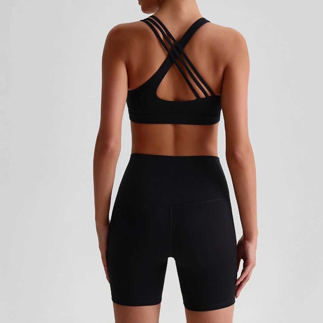 Solid Color High Waist Gym Yoga Short Legging Set Tight Women Cross Back High Impact Shoulder Strap Fitness Bra Top SportwearT251211