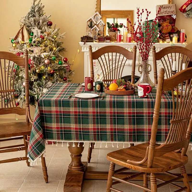 Retro Plaid Christmas Tablecloth Round/Rectangular Table Decorations Washable Wedding Home Decor for Kitchen Dining Table Covers H251211