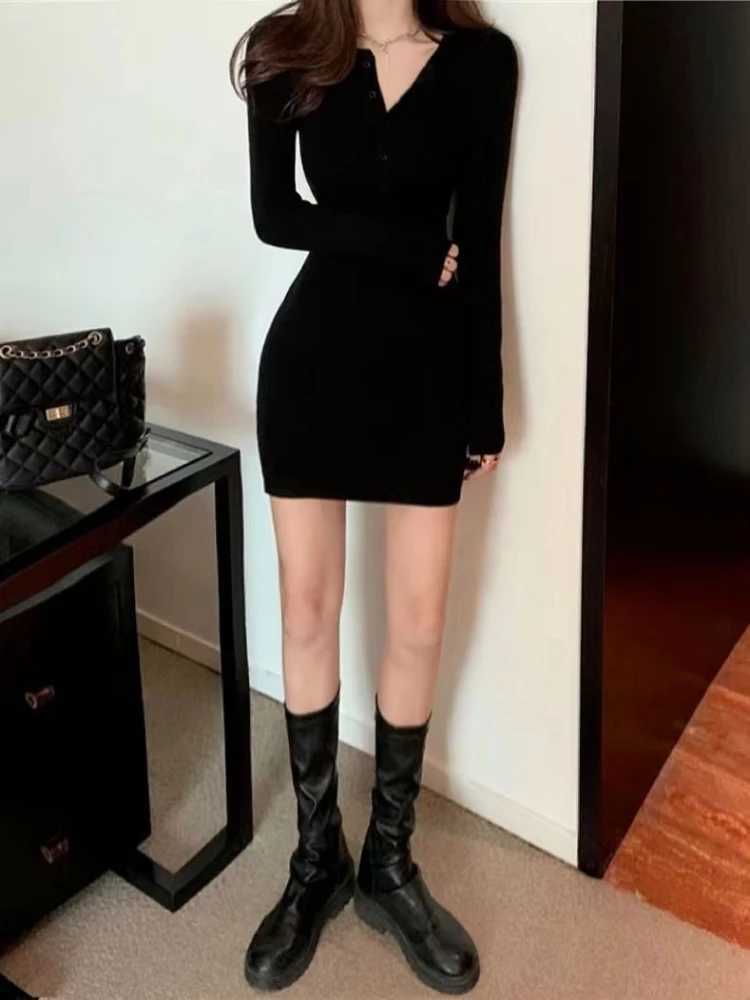 Autumn Winter Mini Dress Women V Neck Button Sexy Sweater Elegant Bodycon Dresses Long Sleeve Robe Short Skirt Waist Solid M260311