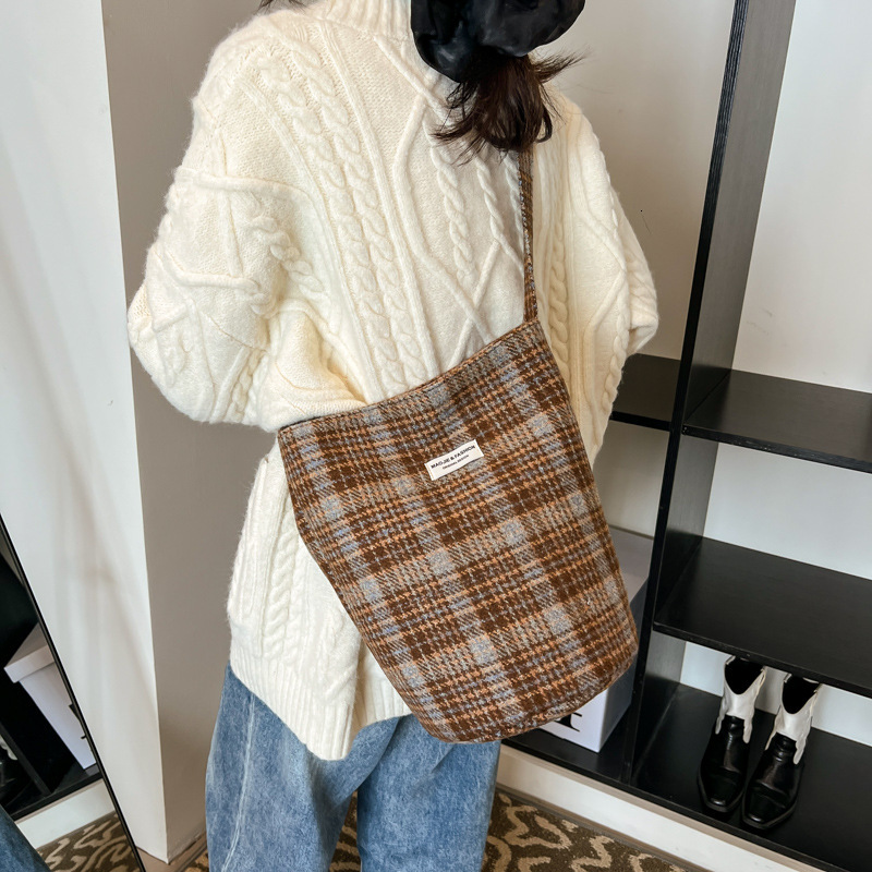Autumn Winter Woolen Single Shoulder Vintage Plaid Women's Canvas Tote Large Capacity Vest Bag